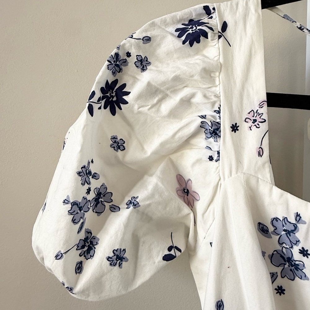 WAYF White Blue Floral Puff Sleeve Tie Back Midi Dress XS - Picture 10 of 15